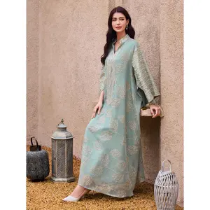 Elegant Light Blue Abaya with Golden Embroidery and Sequins - V-Neck, Long Sleeve, Flowing Design for Women, Perfect for Formal Events, Formal Evening Wear |   Sophisticated Style |   Intricate Embroidery