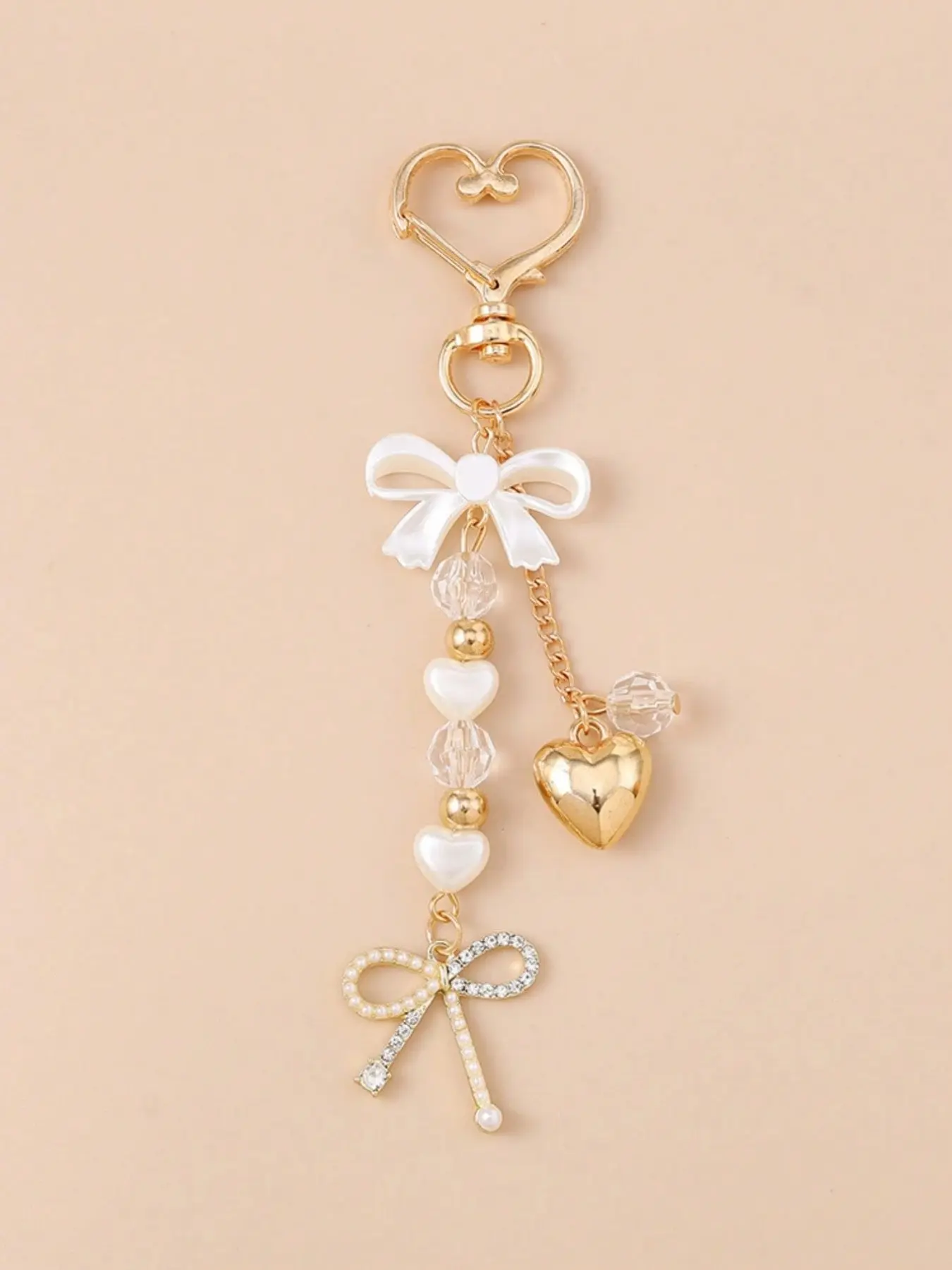 Coquette Bow & Heart Bag Charm Pendants – Beaded Keychain with Heart Clasp, Love Heart Charm, Elegant Bag Decoration & Bag Chain Charms for Backpack Purse, Ideal for Romantic & Minimalist Style, Sparkly Bag Charm, Bag Accessories