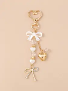 Coquette Bow & Heart Bag Charm Pendants – Beaded Keychain with Heart Clasp, Elegant Bag Decoration & Bag Chain Charms for Backpack Purse, Ideal for Romantic & Minimalist Style, Sparkly Bag Charm