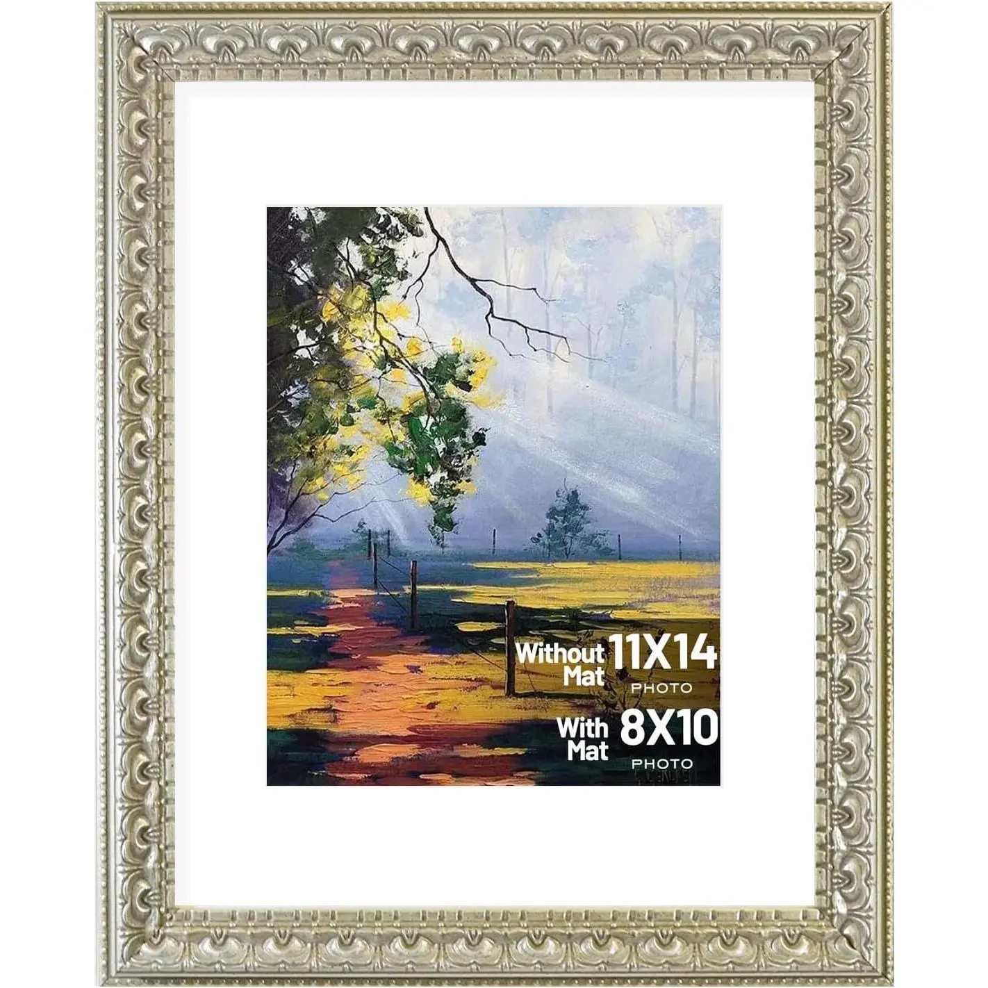 , 11x14 Ornate Finish Photo Frame,  Beige Color, with White Mat for 8x10 Picture & Real Glass