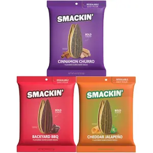 SMACKIN’ Sunflower Seeds 3-Flavor Variety Pack - 4oz Bags, Includes Cheddar Jalapeño, Backyard BBQ & Cinnamon Churro Snack Seeds