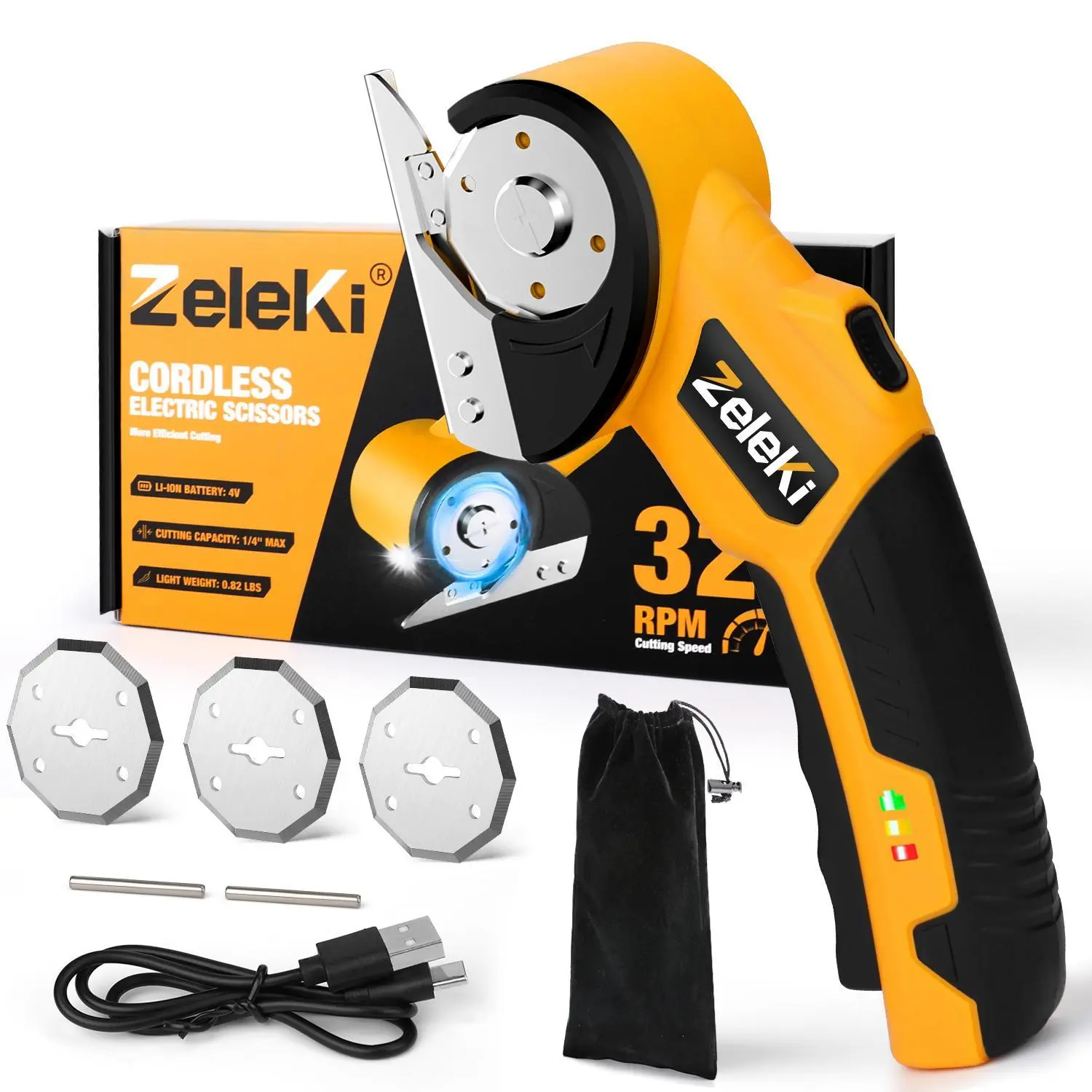 Zeleki Cordless Electric Scissors 4V – Rechargeable Heavy Duty Cutter with Safety Lock, LED Light, Long Battery Life & 2 Extra Blades | Easy-to-Use Wireless Shears for Cardboard, Packaging Yellow with Storage Bag, Portable, Cutting, Friends, Family