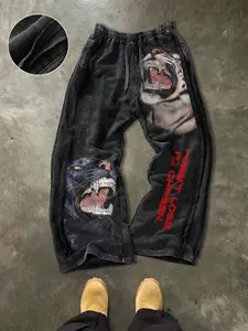 Men's Casual Loose Cotton Sports Pants, Tiger Leopard Print, Street Style, Drawstring Waist, Ankle Length, All Seasons