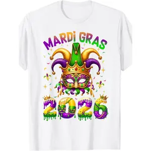 Men's Mardi Gras 2026 Jester Costume T-Shirt - Happy Carnival Party Outfit with Jester Hat Design (Compatible with Jester Hats), Casual Round Neck Tee for Parades, Masquerade Balls & Themed Events - Machine Washable