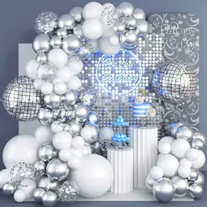 Disco Ball Balloons Arch Kit – White and Silver Balloons of Various Sizes with Metallic Silver Mirror Balls and Confetti Balloons for Disco Party Decoration