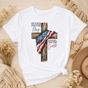 "Stand for the Flag Kneel for the Cross" Iron-On Transfer Patch - Rustic Christian Cross with American Flag, Heat Press Decal for T-Shirts/Hoodies/Jackets, Durable Plastic Film & Multi-Size Apparel for 4th of & Church Events