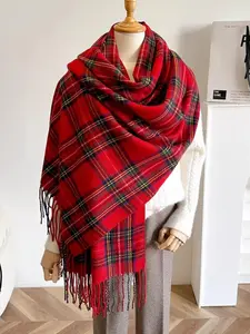 Women's Tartan  Pattern Tassel Decor Scarf, Tassel Decor Shawl, Casual Soft Warm Classic Scarf for Fall & Winter, Fashion Accessories for Women & Girls