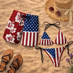 Matching American Flag Couple Swimsuit Set, USA Flag Bikini & Men’s Swim Trunks, Patriotic Beach Outfit, 4th of July Couple Swimwear