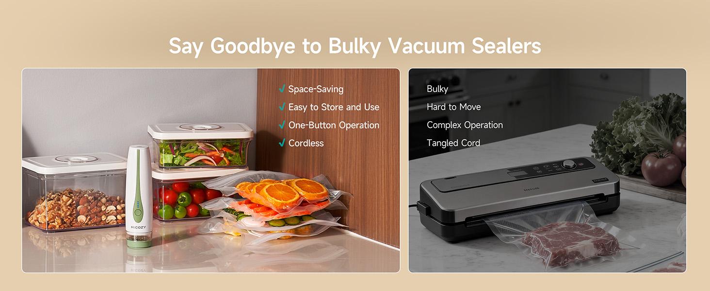 HiCOZY Vacuum Sealer for Food with Visible Water Tank, Powerful Compact Handheld Vacuum Sealer Machine with LED Battery Display, 30 BPA-Free and Reusable Bags, Green