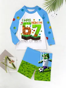 Boys Six Seven Series Long Sleeve Top Shorts Set, 3D Minecraft Pixel Cartoon Print Beach T-Shirt & Swim Trunks, Suitable for Swimming Surfing Casual Vacation