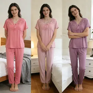 Womens Lace Bow-Knot Short-Sleeve Pants Two-Piece Pajama Set in Soft Pink - Premium Polyester Fiber Loungewear for All Seasons - Fabric