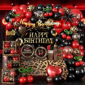 Cocomigo 258pcs Cheetah Print Birthday Decorations, One-stop Set for 25 People, Includes 350gsm Plates Pre‑threaded Banner Backdrop and Tablecloths, Cheetah and Cherry Birthday Decorations for Female