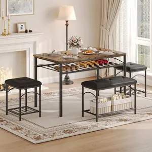 Dining Table Set for 4 with Upholstered Benches and 2 Stools, Small Kitchen Table Chairs Set of 4 for Apartment, Studio, Home and Small Space