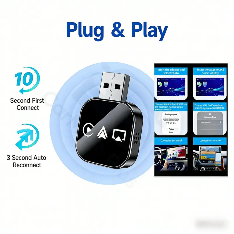 3-in-1 Automobile Adapter - Wired to Wireless CarPlay Converter with AirPlay Screen Mirroring, Compatible with Factory Wired CarPlay Vehicles (Batteries Not Included)