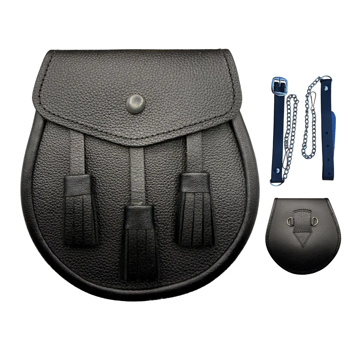 Black Leather Sporran for Men, Scottish Highland Kilt Accessory with 3 Tassels and Free Adjustable Chain Strap, Three Tassels
