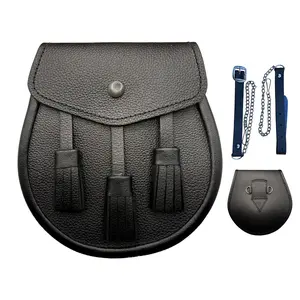 Scottish Kilt Sporran, Black Leather 3-Tassel Chain, Leatherwork Men's Highland Belt Chain, Leatherwork Men's Belts