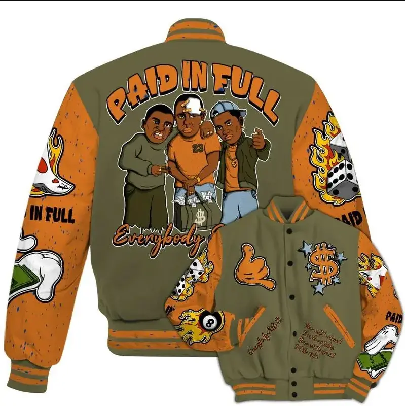 Olive 5s - Everybody Paid In Full Graphic All Over Print Varsity Jacket Outfits Unisex | Baseball Football Jacket | Varsity Sportwear Style