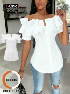 Women's Plain Ruffle Trim Off Shoulder Short Fitted Shirt Blouse, Elegant Chic Feminine Solid Color Top for Daily Wear, Ladies Clothes for All Seasons