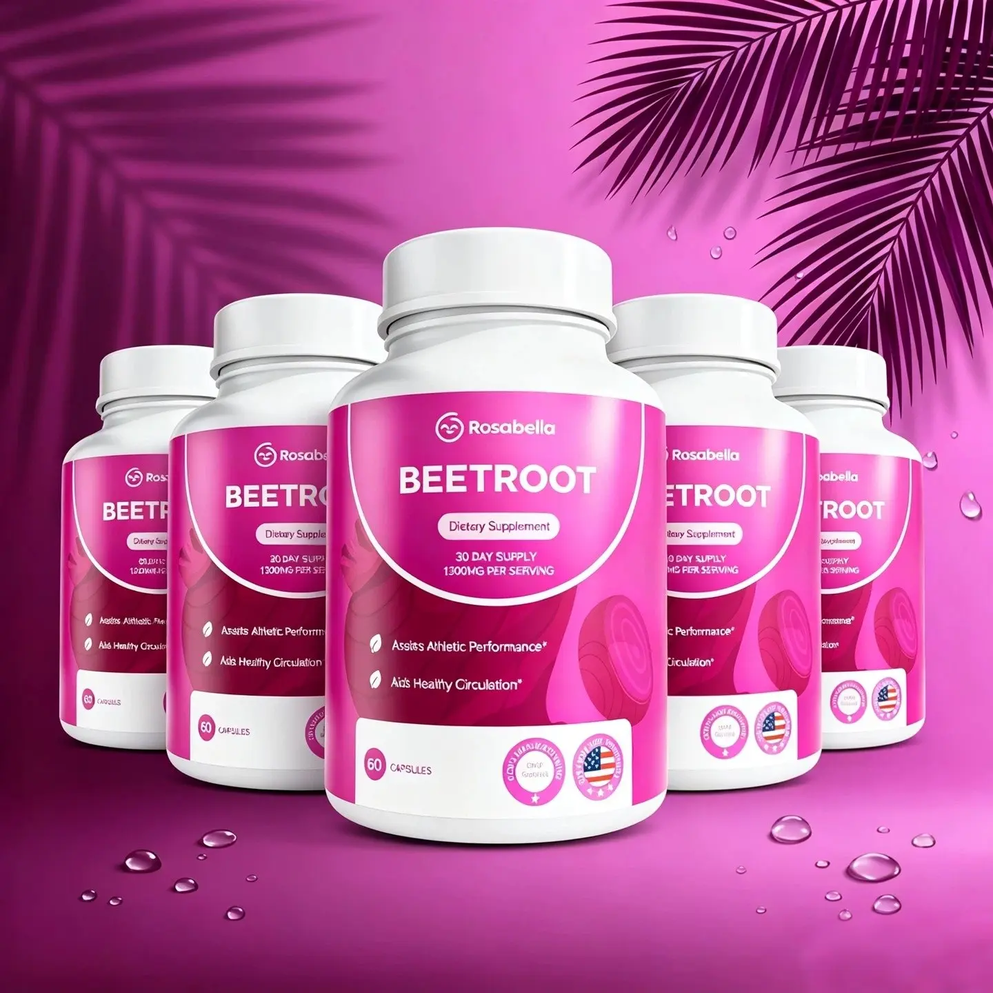 5 Pack of Rosabella Organic Beetroot Capsules (1300mg) for Blood Flow & Heart Health