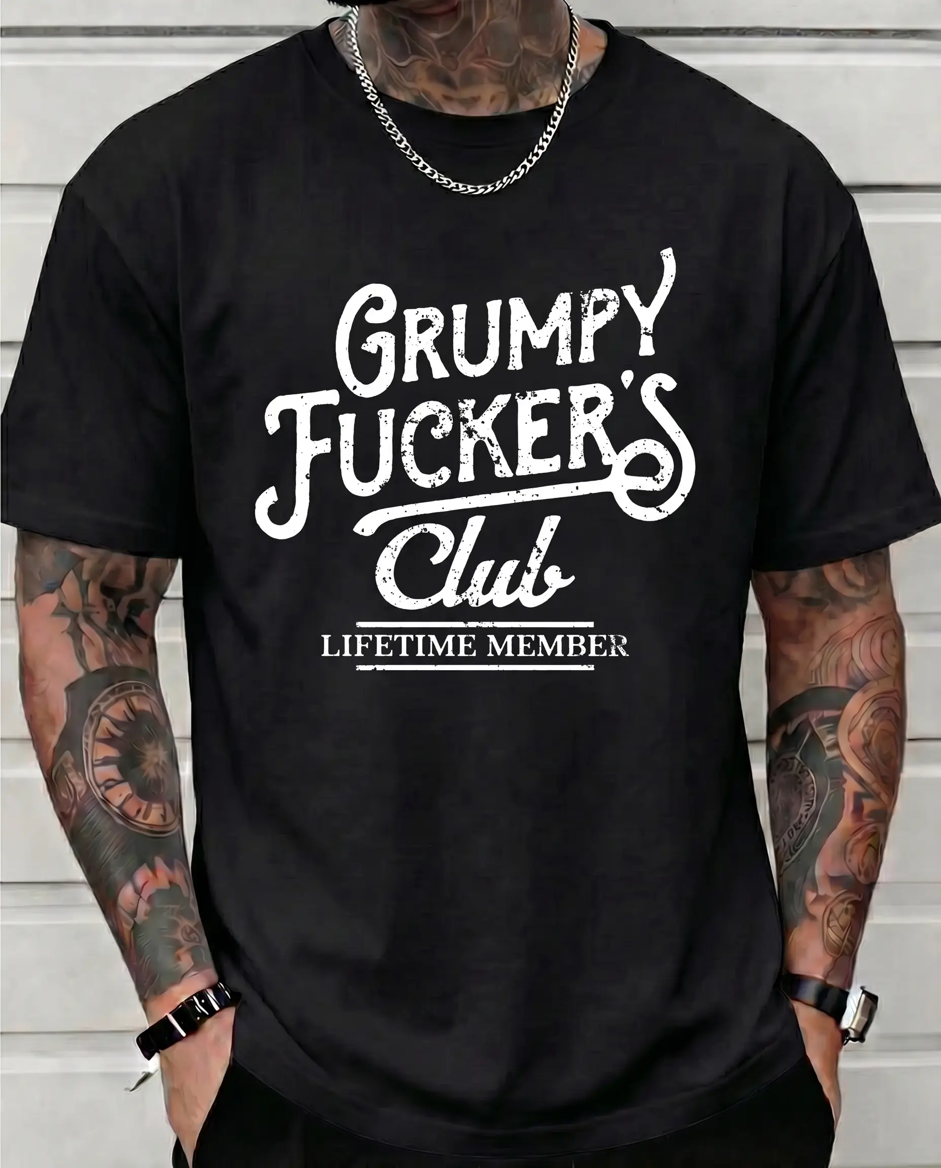 Men's Grumpy F*cker's Club Lifetime Member Funny Sarcastic T-Shirt - Oversized Soft Cotton Short-Sleeve Round Neck Print Tee, Retro Bad Mood Club Streetwear Gift For Him