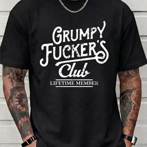 Men's Grumpy F*cker's Club Lifetime Member Funny Sarcastic T-Shirt - Oversized Soft Cotton Short-Sleeve Round Neck Print Tee, Retro Bad Mood Club Streetwear Gift For Him
