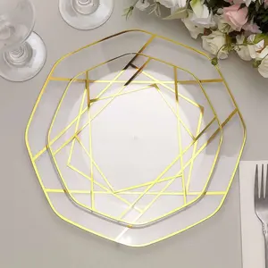 10-Pack Plastic 8" Octagon Dessert Plates in Clear - Modern Disposable Salad/Appetizer Plates with Gold Geometric Design for Special Occasions & Celebrations