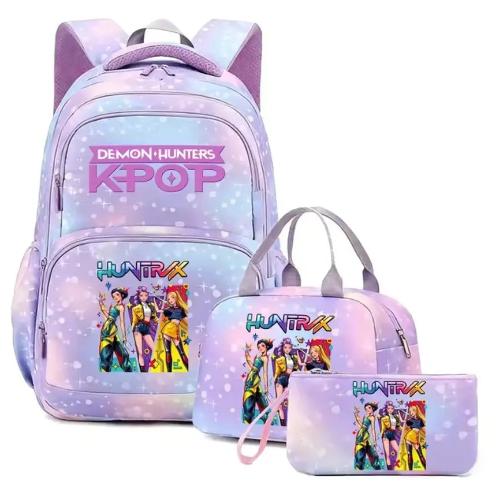 Pink Pastel Galaxy KPOP Anime 3‑in‑1 Backpack Kit,17 Inch Wear‑Resistant Multi‑Pocket Girls School Backpack Set With Lunch Bag & Pen Case, Fashion Travel Bookbag for Young Ladies