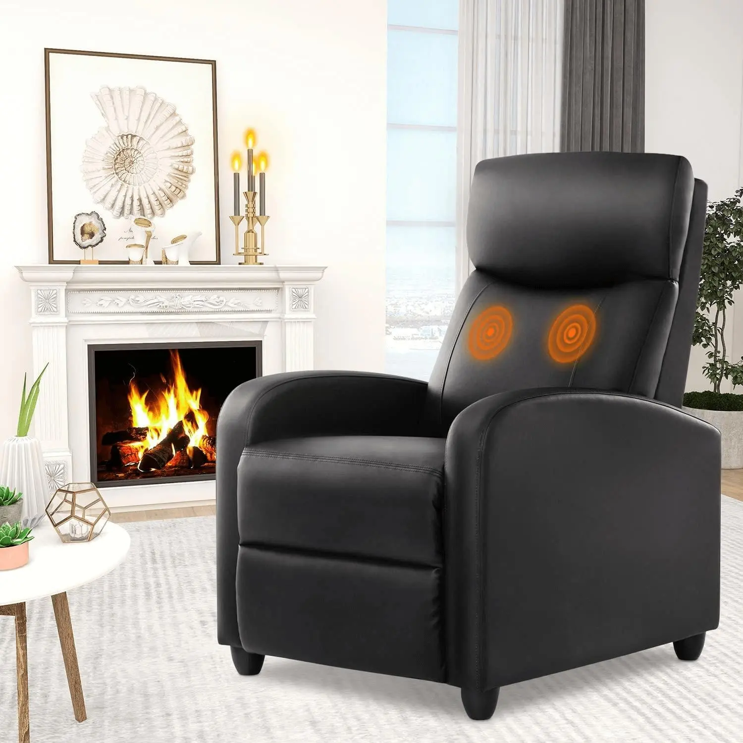 Modern Deep Grey Leather Manual Recliner Chair - Massage Function, Heating Lumbar Support, Adjustable Back, Ergonomic Design, High-Strength Steel Frame, 25.2" Depth, 62.5" Length for Living Room Relaxation, Easy Setup