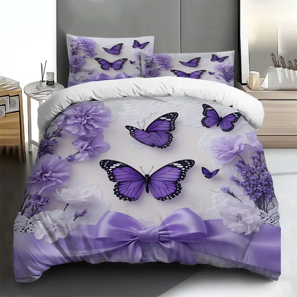 Three-piece bedding set, Cozy bedding set - 2D Flat purple butterfly and floral pattern duvet cover set (1 duvet cover + 1/2 pillowcases, no insert), multi-color printed, soft and comfortable, suitable for family bedrooms and guest rooms