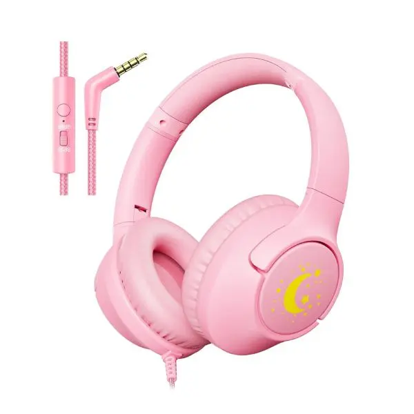 Kids Wired Headphones with Mic – 85/94dB Volume Limit, Over-Ear, Lightweight, 3.5mm Jack, Stereo Sound for Girls, School, Tablet & Travel – Pink