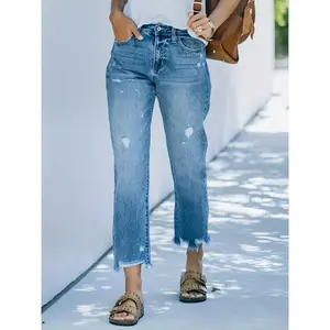 Light blue casual ripped straight-leg jeans for women, raw linen distressed old jeans — washed blue denim pants with diagonal pockets, suitable for streetwear; women’s underwear; polyester pants; comfortable.