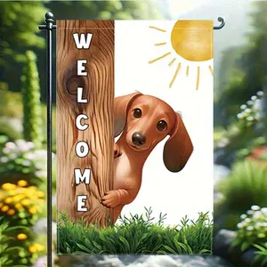 [Dachshund Welcome Garden Flag] Dachshund Welcome Garden Flag- Double-Sided Polyester 12x18 Inch, Adorable Sun& Dog Design with "Welcome" Text, Perfect for Outdoor Yard and Home Decor, Halloween Home Decorations, No Flagpole