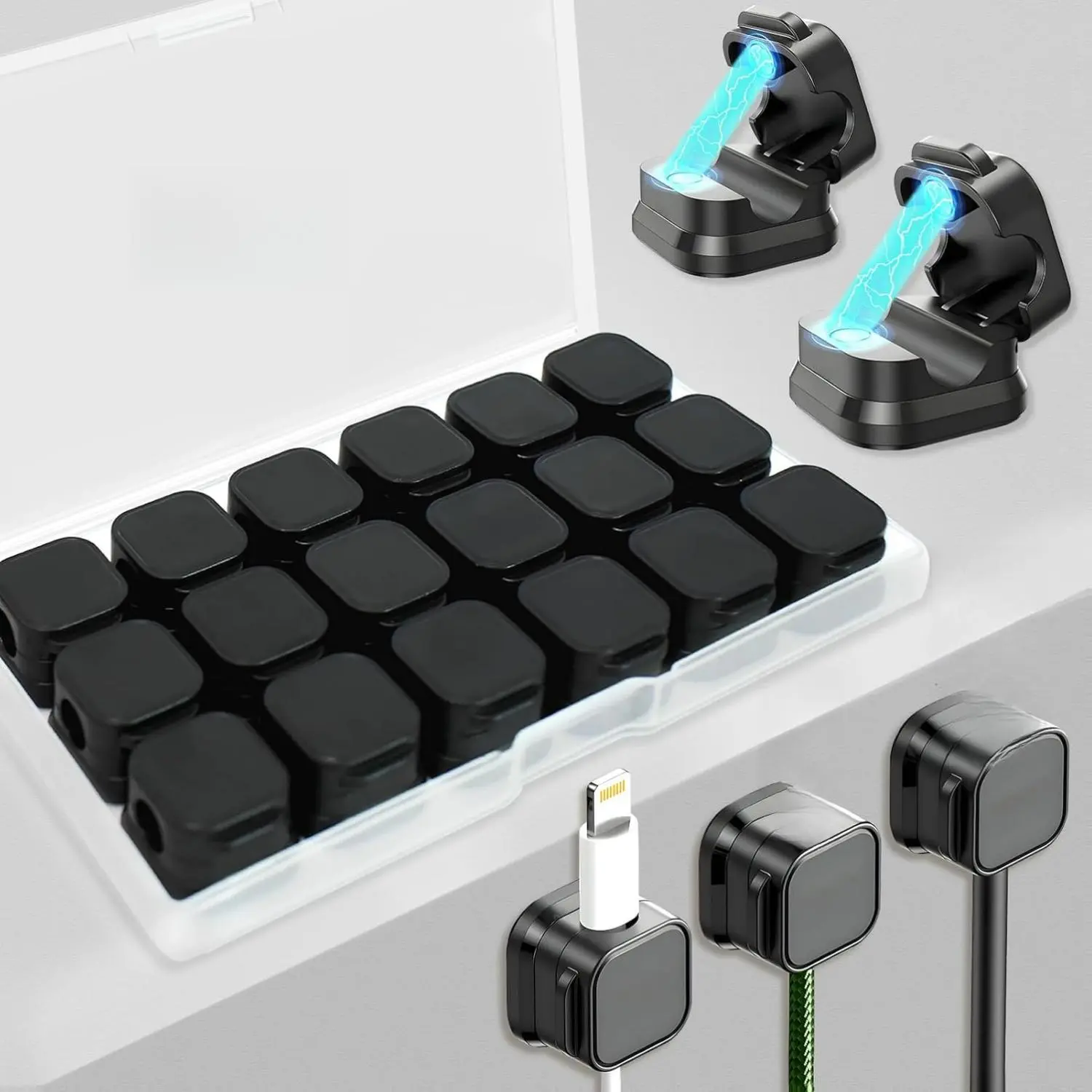 18-Pack Adjustable Magnetic Cord Organizer Holder (0.3in Diameter) - Strong Adhesive, Holds Type-C & All Kinds of Cables, No Residue or Damage, Aesthetic Desk Tidy for Office Accessories & Phone USB Charger Cords (Black)