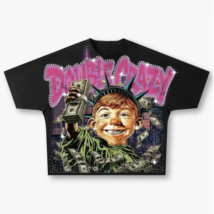 Double Crazy Statue of Liberty Boy Graphic Tee - Y2K Streetwear Oversized Black Cotton T-Shirt, Premium Retro Hip Hop Rap Style Tshirt for Men Women Teen Gift