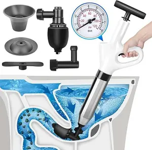 High Pressure Air Toilet Plunger Set, Air Drain Blaster Gun with Visual Barometer and Stainless Steel Plungers, Powerful Drain Clog Remover Tool for Sink, Toilet