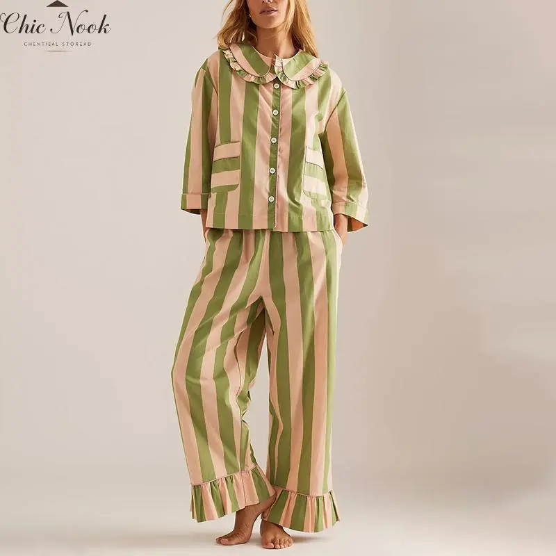 Women's Matching Pajamas Stripe Print 3/4 Sleeve Doll Collar Button Down Tops Long Pants Sleepwear