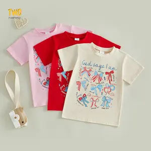 Toddler Girls Independence Day Casual Tops Short Sleeve Crewneck Letter Bow Print Loose T-shirt