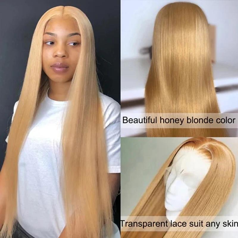 27# Honey Blonde Colored Red Color 613# Blonde Color 99J Burgundy Color Ginger Color and P4/27 Highlight Color Human Hair Frontal Wigs Straight 180% 13x6 HD Transparent Lace Front Human Hair Wigs For Women