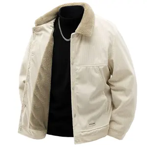 Men's Winter Corduroy Jacket with Lamb Wool Lining Warm Trendy Turn Down Collar Cotton Outerwear in Polyester for Cold Weather