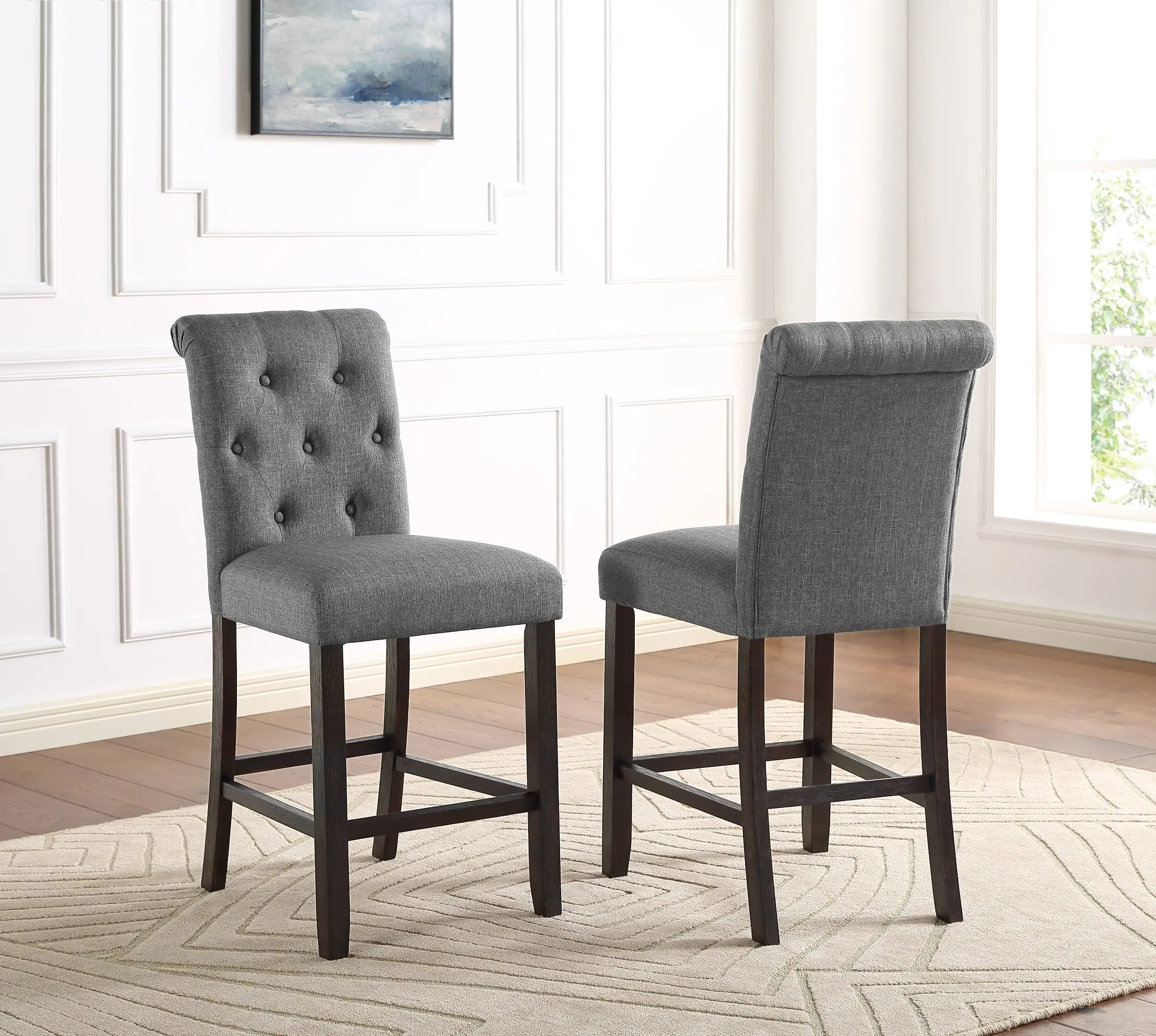 Leviton Solid Wood Tufted Asons Counter Height Stool, Set of 2, Grey Leviton Solid Wood Tufted Asons Counter Height Stool, Set of 2, Grey