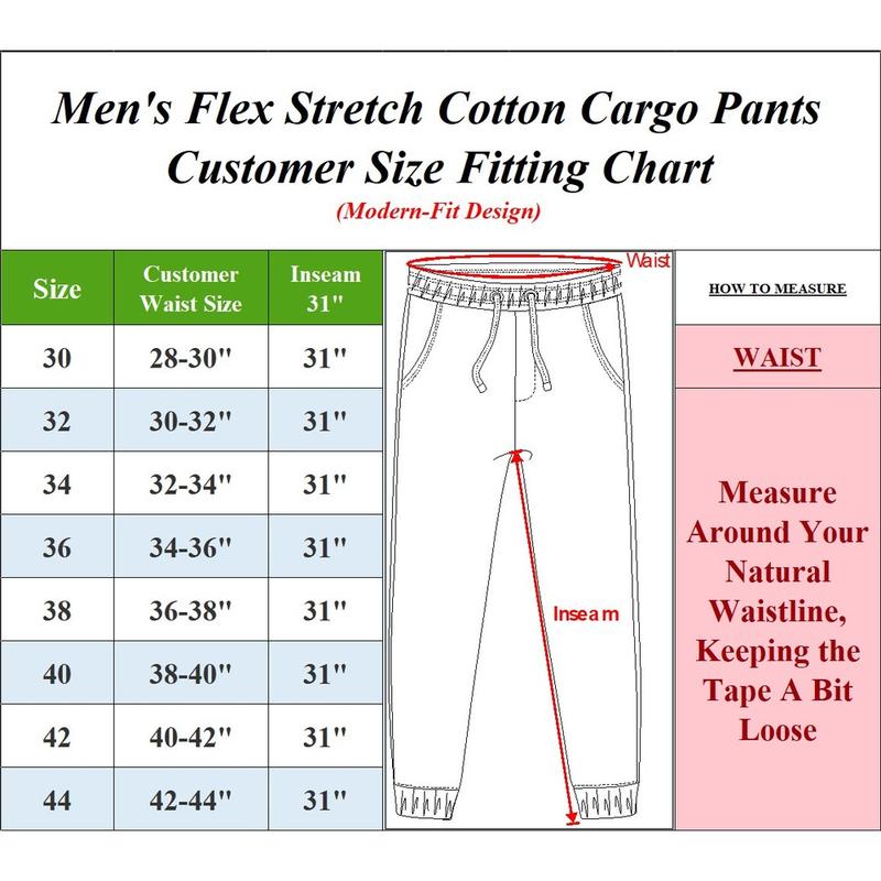 3-Pack Men's Flex-Stretch  one size down for a perfect fit.   Cotton Cargo Pants 31-Inch Inseam  FSH- Comfortable Durable Plain Design in Black Khaki & Navy Blue