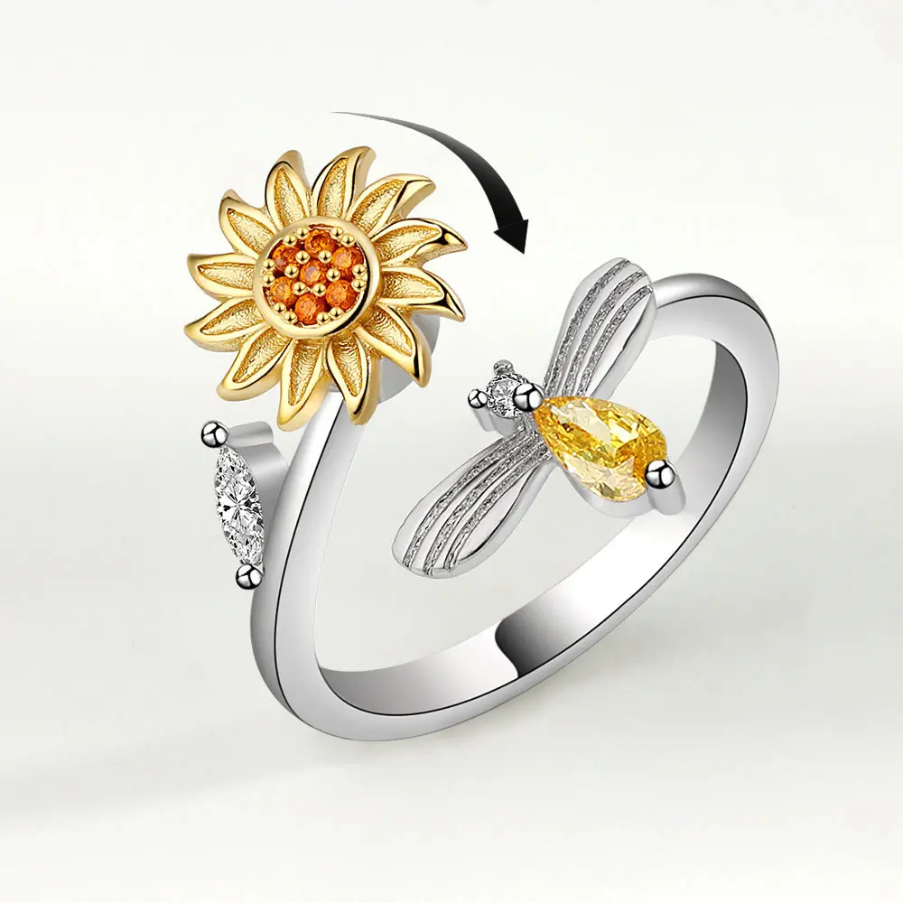 Women's Adjustable Open Sunflower Fidget Spinner Ring, Anti Anxiety Jewelry for Stress Relief, Sports & Outdoor Accessory, Adjustable Size, Flowers, Female, Ring Shape, Floral Motif, No, Opening Adjustable
