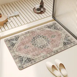 MeckoBath Mat Rug, Super Absorbent Drying Mat,Modern Vintage Style,Rubber Non-Slip Quick Dry Absorbent Thin Mat- for Kitchen, Floor, Office,Entryway, and Pool Gym Locker Room,Pink/Brown Mat