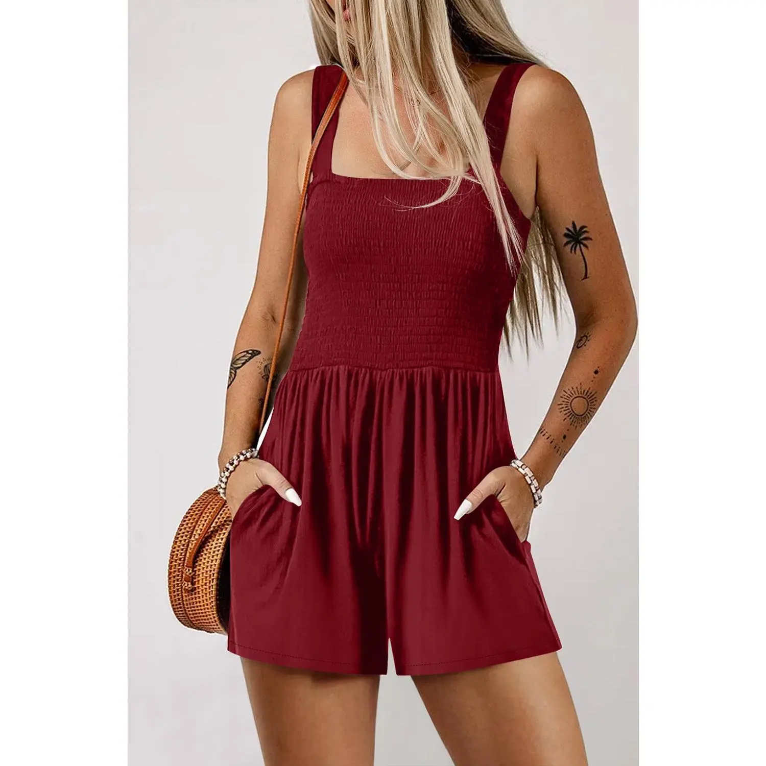 Burgundy Smocked Romper RTS