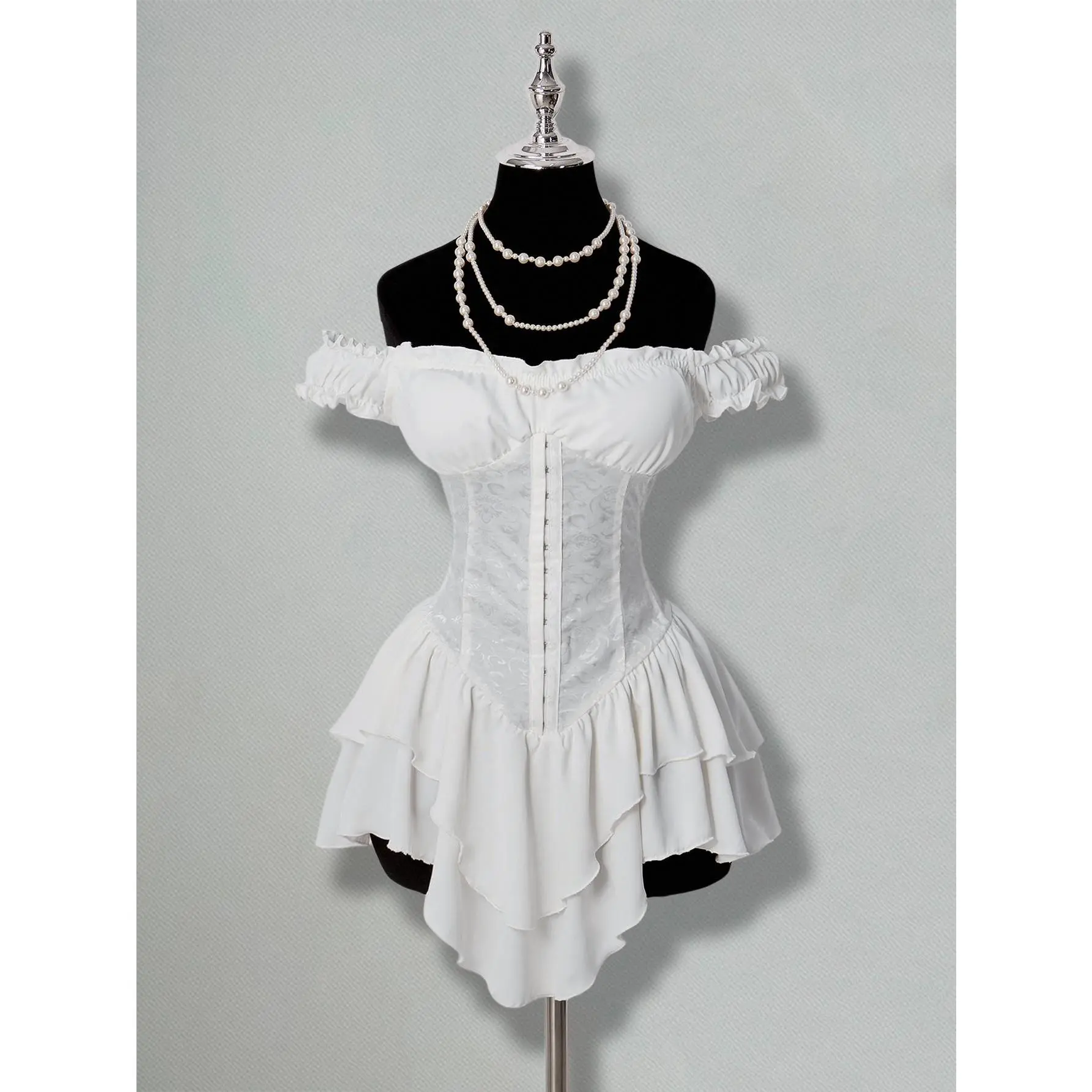 Women's Off-Shoulder A-Line Chiffon Mini Dress Gothic Clothes Ruched  Jacquard Ruffle Trim with Tie Waist, Elegant for Party