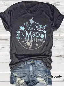 Women's Mad HERE Graphic Print Round Neck Fitted Tee, Vintage Trendy Casual Short Sleeve T-shirt for Daily Wear, Ladies Summer, Top