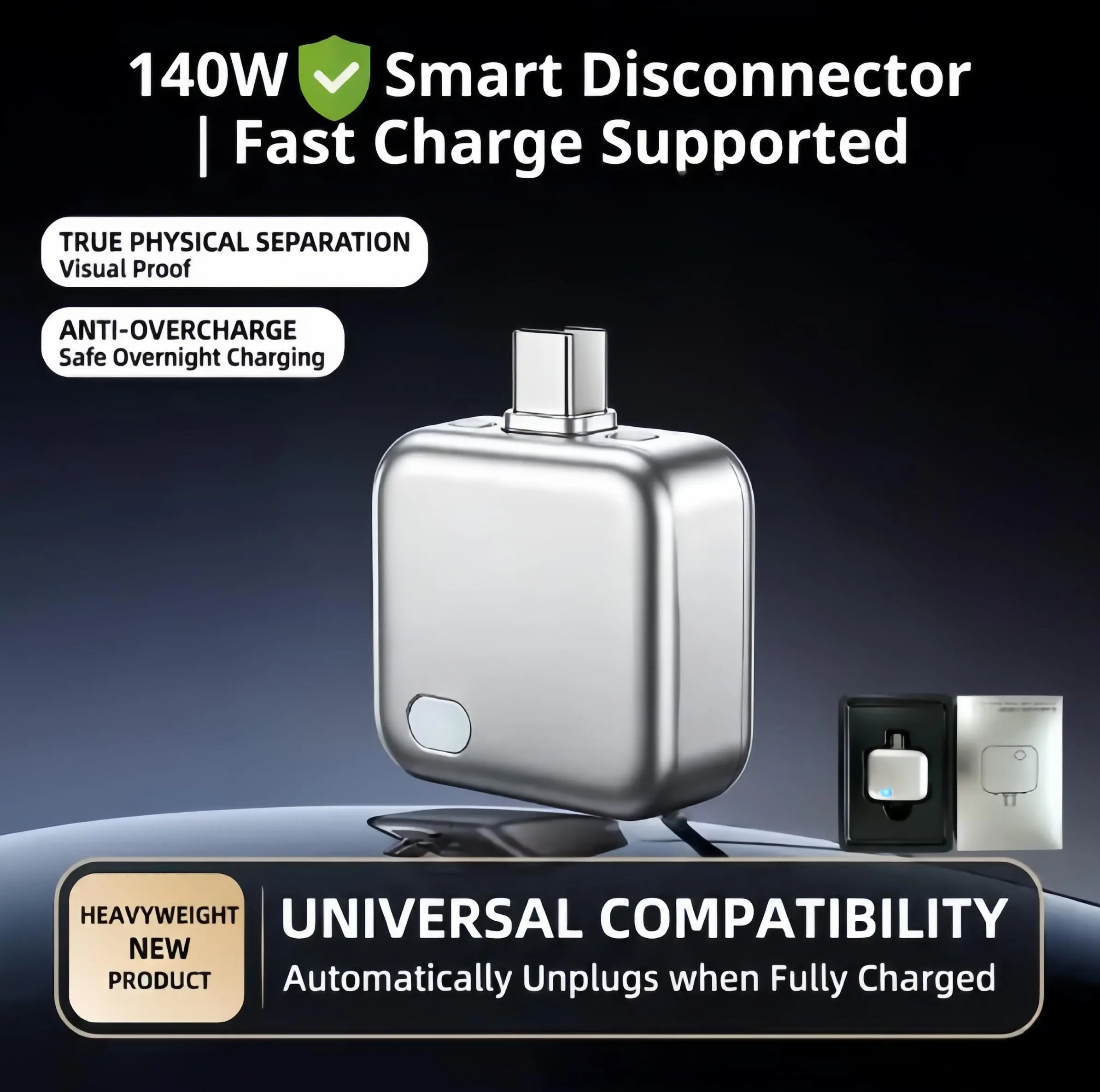 140W Physical-Disconnect Battery Guard - Auto & Self-Eject Electronic Charger with Smart Auto-Stop, Anti-Overcharge Protection for Smartphone, Laptop, Device & Cable (Safe Overnight Charging)
