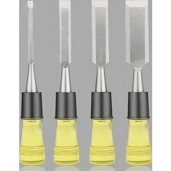 4-Piece Woodworking Chisel Set - Chrome-Vanadium Steel Beveled Edge Blades, Ergonomic Alloy Steel Impact-Resistant PVC Extra-Large Grip Handles, Safety Caps Included (1/4", 1/2", 3/4", 1"), Ergonomic Handle