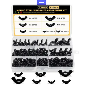 Black Metric Wing Nuts 125 count, M3 M4 M5 M6 M8 M10 M12 Wingnuts 7 Assorted Sizes Carbon Steel Zinc Plated Butterfly Wing Nut Fasteners Hardware Assortment Kit