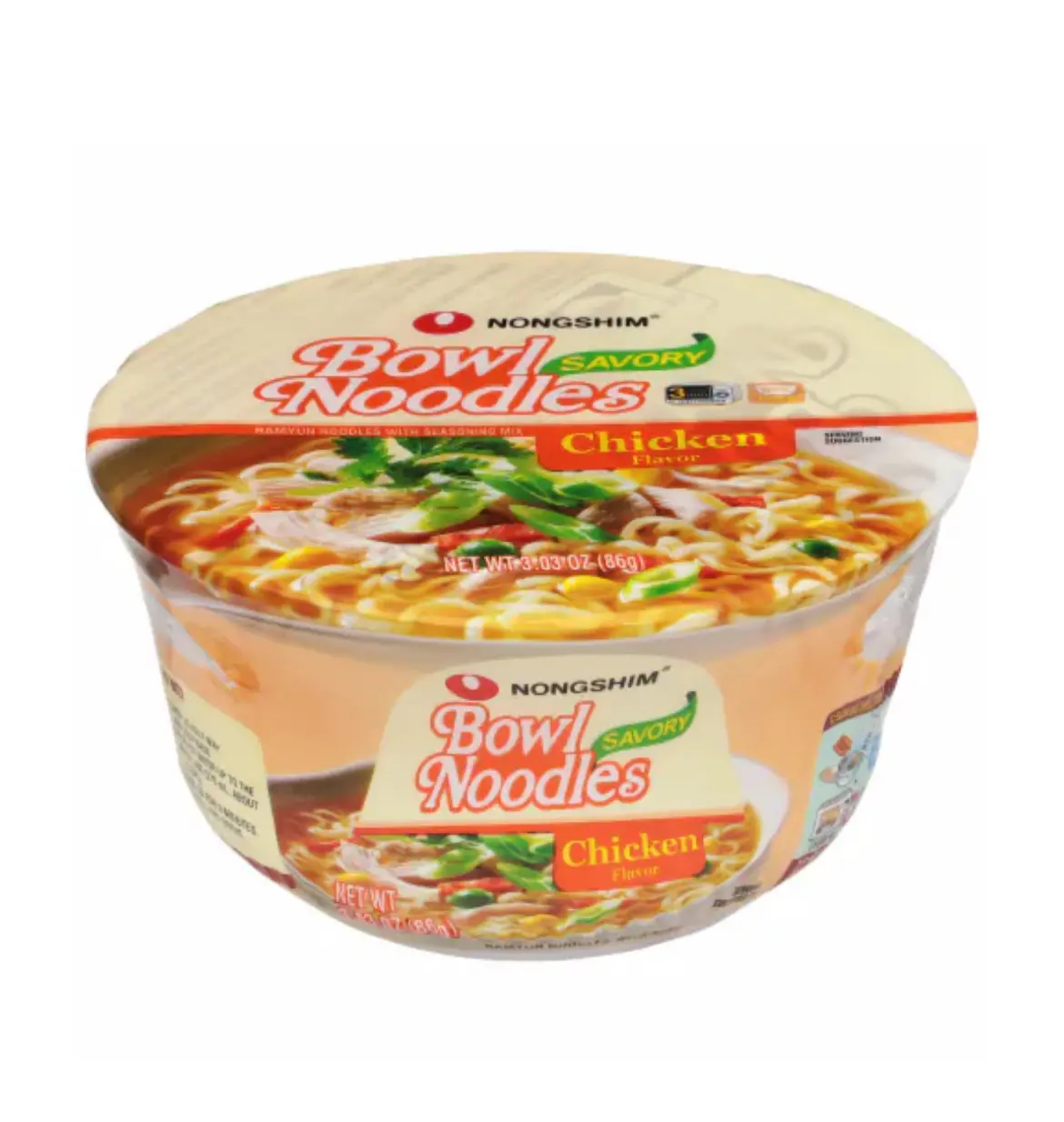 Nongshim Savory Chicken Noodle Soup Instant Ramen, Microwaveable Bowl Soup Mix with Cabbage, Carrots & Chicken, Perfect for On-the-Go Meal - Food